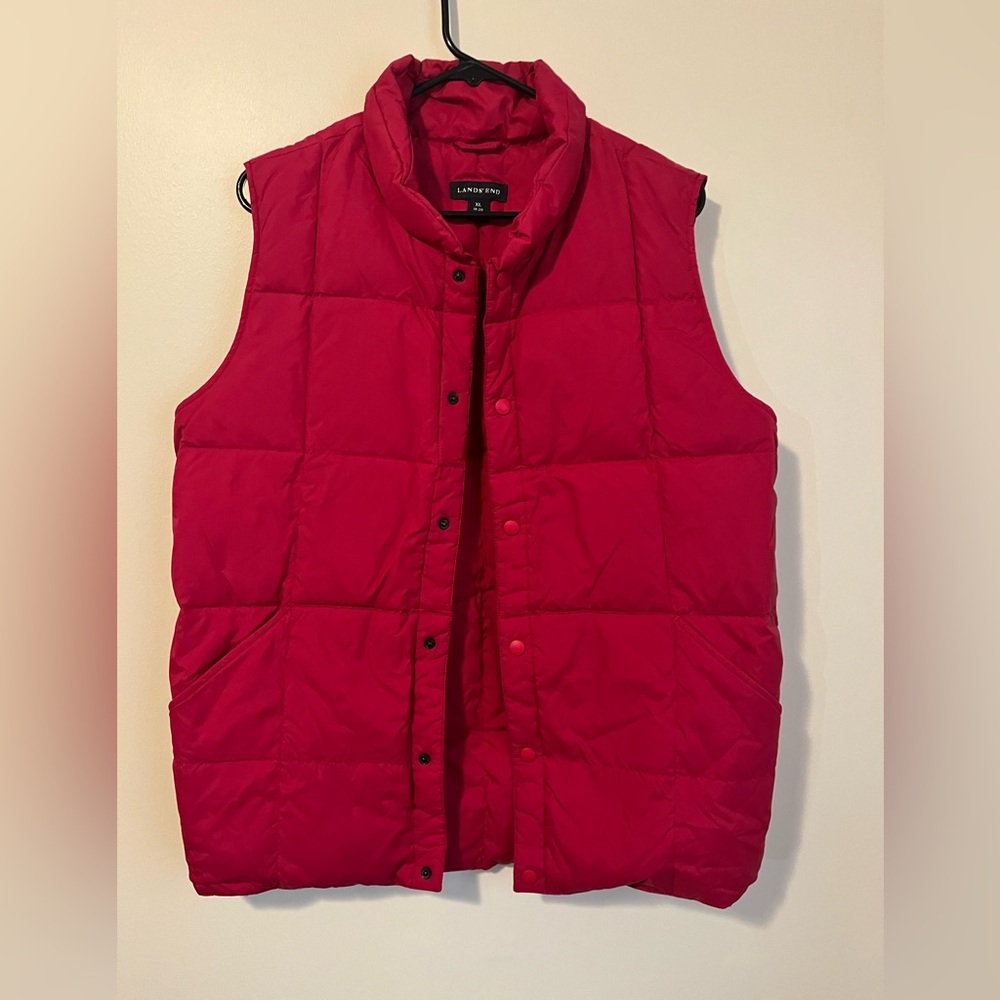 Lands' End Women's XL Puffer Vest Snap Up Goose Down Quilted Hot Pink